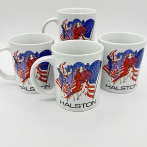 Vintage Halston Patriotic Fashion Art Coffee Mugs Set‎ of 4 Designer Logo NEW